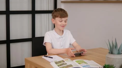 A Child Actively Engaged with Their Smartphone While Studying at Home in a Stock Footage 312219658