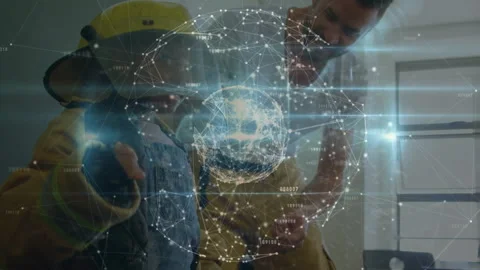 Child adjusting helmet strap in home office activating hologram and father Stock Footage 316185667