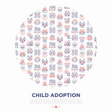 Child adoption concept in circle with thin line icons Illustrazione stock