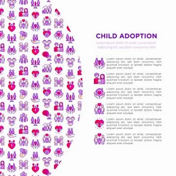 Child adoption concept with thin line icons: adoptive parents, helping hand Stock Illustration