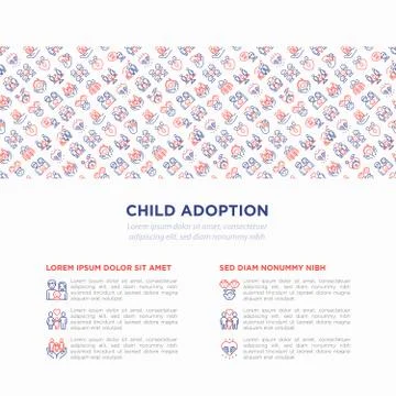 Child adoption concept with thin line icons: adoptive parents, helping hand Stock Illustration