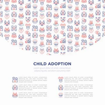 Child adoption concept with thin line icons: adoptive parents, helping hand Stock Illustration