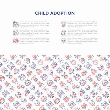 Child adoption concept with thin line icons: adoptive parents, helping hand Stock Illustration