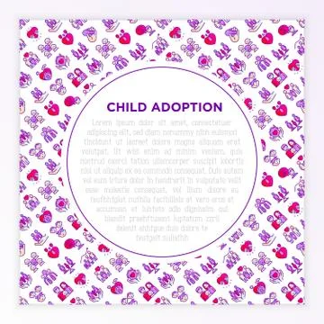 Child adoption concept with thin line icons: adoptive parents, helping hand Stock Illustration