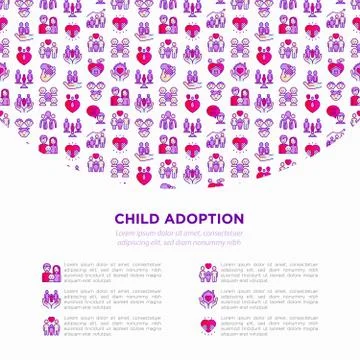 Child adoption concept with thin line icons: adoptive parents, helping hand Stock Illustration