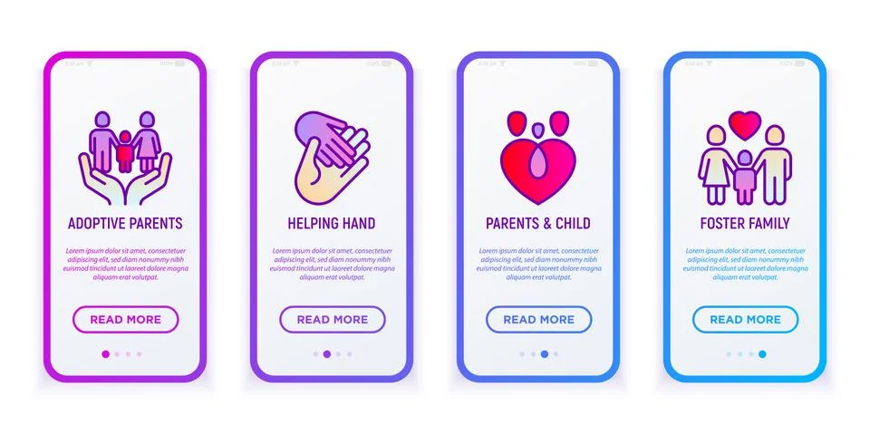 Child adoption mobile user interface with thin line icons Illustrazione stock