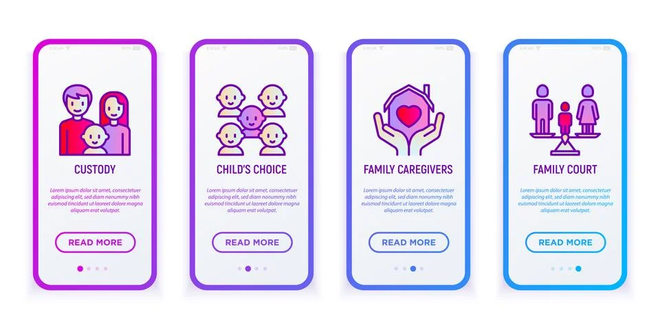 Child adoption mobile user interface with thin line icons Illustrazione stock