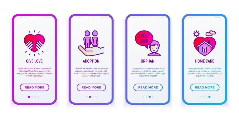 Child adoption mobile user interface with thin line icons Stock Illustration