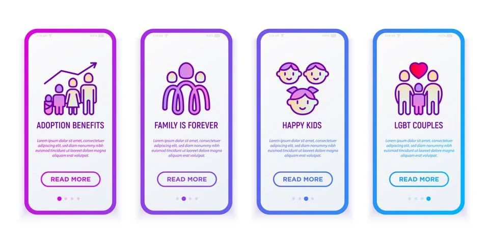 Child adoption mobile user interface with thin line icons Stock Illustration