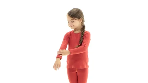 Child advertises clothes. White background 스톡 동영상 80666253