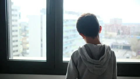 Child alone in front of a large window with his back to himself. Video stock 270461544