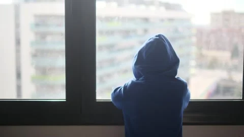 Child alone in front of a large window with his back to himself. Video stock 270461610