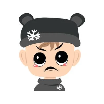 Child with angry emotions, grumpy face, furious eyes in bear hat with snowflake Stock Illustration