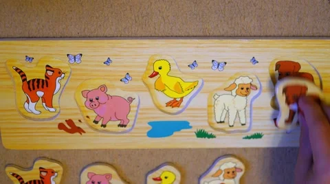 The child assembles a puzzle with animals Video stock 65313051