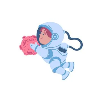 Child astronaut examining asteroid vector illustration Illustrazione stock
