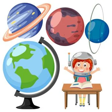 Child Astronaut Learning About Planets in Classroom Stock Illustration