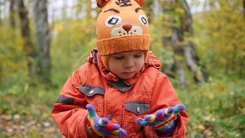 Child in autumn Park having fun playing, Walks in the fresh air. Autumn Vidéo 80261379