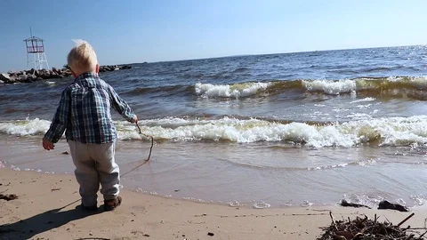 Child on the beach. Super hero kid having fun outdoor. Summer vacation concept 스톡 동영상 90094824