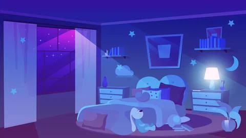 Child bedroom night time view flat vector illustration Stock Illustration