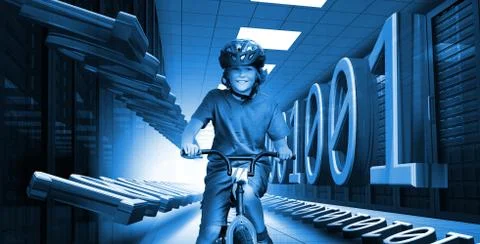 Child on bike in data center with binary code in blue Stock Photos