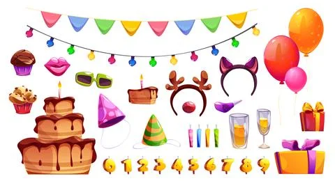 Child birthday party design elements set on white Stock Illustration