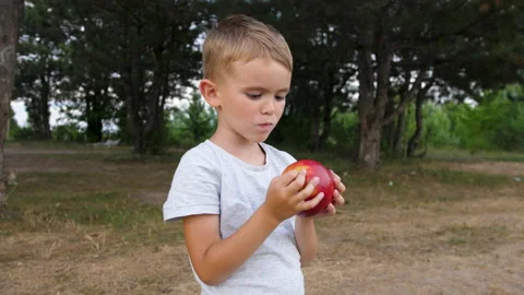 The child bites into an apple. A child in the background of nature. Summer happy Stock Footage 201088528