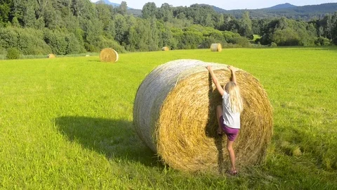 Child blond Girl by straw hay bale in field. Stockbeeldmateriaal 79797853