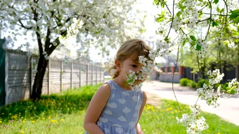 Child in a blooming garden in spring. Selective focus. Stock Footage 317891326