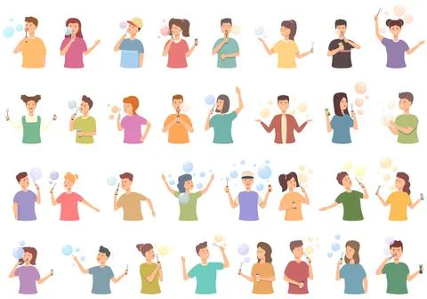 Child blowing bubbles icons set cartoon vector. Blow boy Stock Illustration