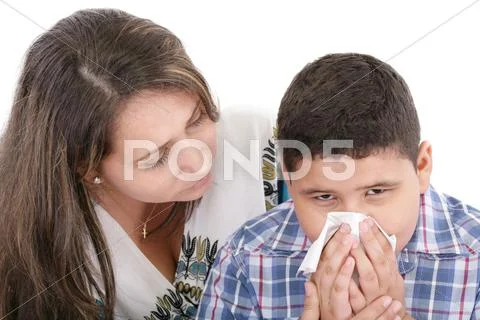 Child blowing nose. child with tissue. catarrh or allergy Stock Photos