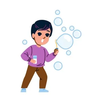 Child blowing soap bubbles, having fun and playing outdoors Stock Illustration