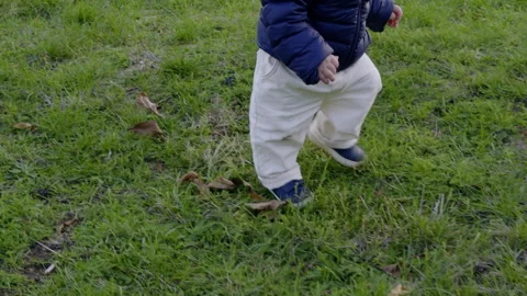 Child in blue jacket and white pants joyfully walks across grassy field, taking Stock Footage 327851103