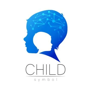 Child blue logotype in vector with brain. Silhouette profile human head. Concept Stock Illustration