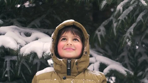 A child with a blush on his cheeks smiles and looks at the snow Stock Footage 87309915