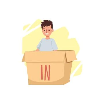 Child in box with written preposition In, flat vector illustration isolated. Stockillustratie
