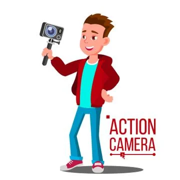 Child Boy With Action Camera . Self Video, Portrait. Shooting Process. Isolated Illustrazione stock