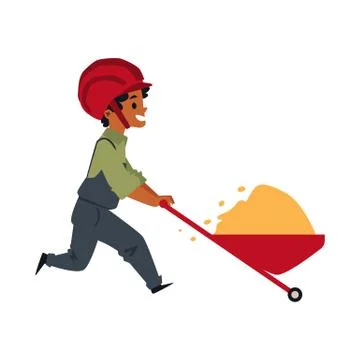 Child boy builder pushes construction trolley flat vector illustration isolated. 스톡 일러스트