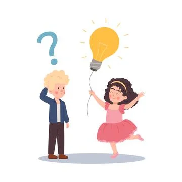 Child boy has a question and girl has smart solution, flat vector isolated. Stock Illustration