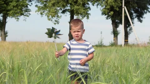 Child boy kid playing with windmill pinwheel outdoors in green wheat field usa Stock Footage 176368754