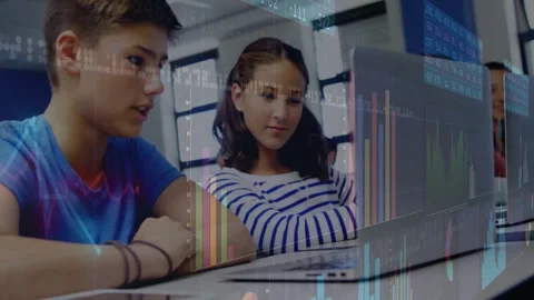 Child boy leaning and typing laptop as teen girl nodding in computer lab Stock Footage 311507855