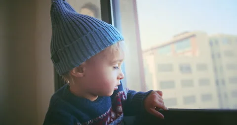 Child Boy Looking Window Smiling to Camera Portrait. Cute Toddler Child Smiling Stock-Footage 153869881