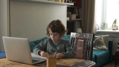 Child boy at online school learning writing in notebook using laptop Spbd Stock Footage 130170496