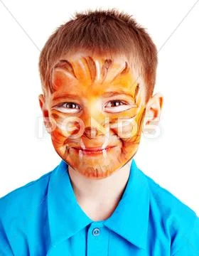Child boy with paint of face. Stock-Fotos