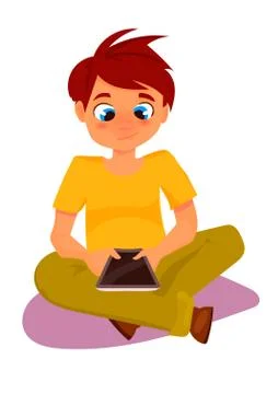 Child boy played in tablet, vector cartoon concept Stock Illustration