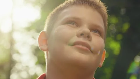 Child boy portrait, look up raise eyes, childhood dream, smile looking camera Stock Footage 277564678