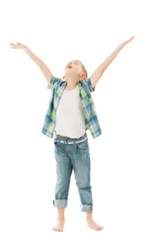 Child boy raise open hands up. Isolated white background. Open arms Stock Photos