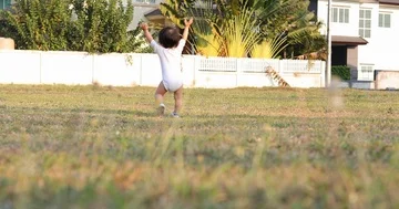 Child boy running exercise relaxation in park with grass playground Stock Footage 86057948