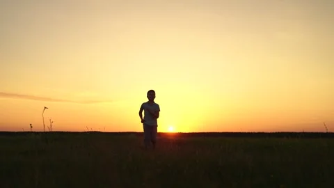 Child boy runs through grass in sun park. Dream kid Joyful little boy running at Stock Footage 322064823