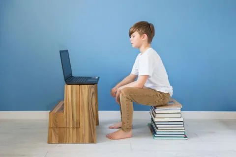 Child boy sitting on stack of books with his laptop, studying online at home, Stock Photos