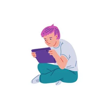 Child boy sitting with tablet flat style, vector illustration Stock Illustration